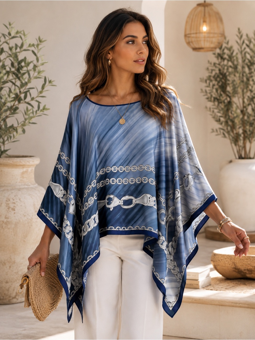 Women's Navy Blue Chain-Print Poncho Top
